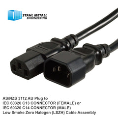 Low Smoke (LSZH) Power Cable Assembly Black 10A, 250V - AS/NZS 3112 AU Plug to IEC60320