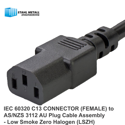 Low Smoke (LSZH) Power Cable Assembly Black 10A, 240V/250V - AS/NZS 3112 AU Plug to IEC60320 C13 (AU to C13 LSZH Cord Set) - 3.5M