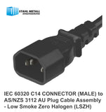 Low Smoke (LSZH) Power Cable Assembly Black 10A, 240V/250V - AS/NZS 3112 AU Plug to Free End (AU to Free End LSZH Cord Set)