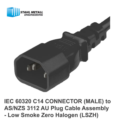 Low Smoke (LSZH) Power Cable Assembly Black 10A, 240V/250V - AS/NZS 3112 AU Plug to IEC60320 C14 (AU to C14 LSZH Cord Set) - 3.5M